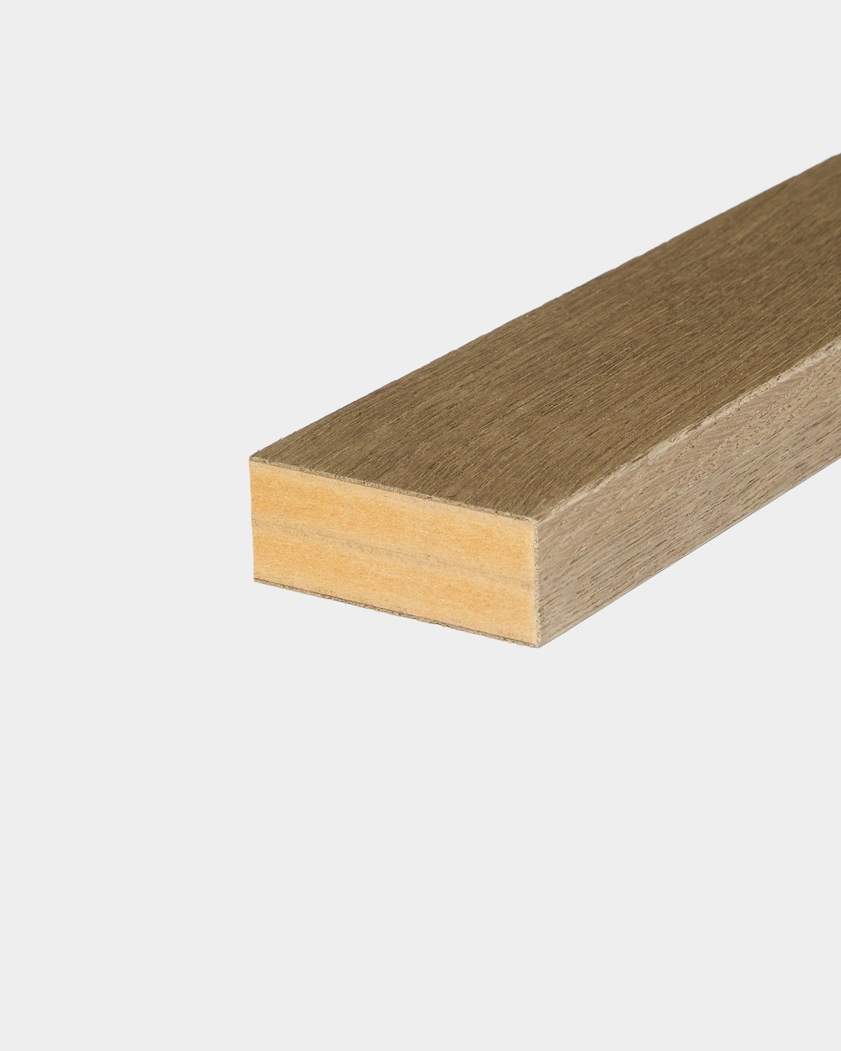 WoodUpp end lamella in rustic grey oak, 6.7 cm wide, designed as a finishing piece for Akupanel acoustic wood panels or panel wall installations.